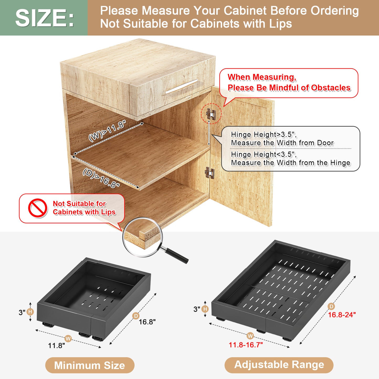 Pull out Cabinet Organizer,Width(12 "-17") and Depth(17"-24") Expandable With 3 Rails