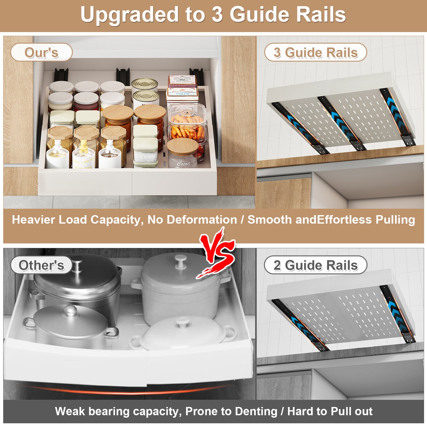 Pull out Cabinet Organizer,Width and Depth Expandable with 3 Rails,for Cabinets Without Lip