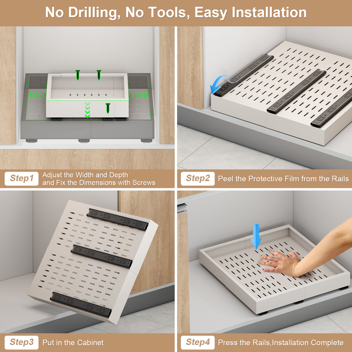 Pull out Cabinet Organizer,Width and Depth Expandable with 3 Rails,for Cabinets Without Lip