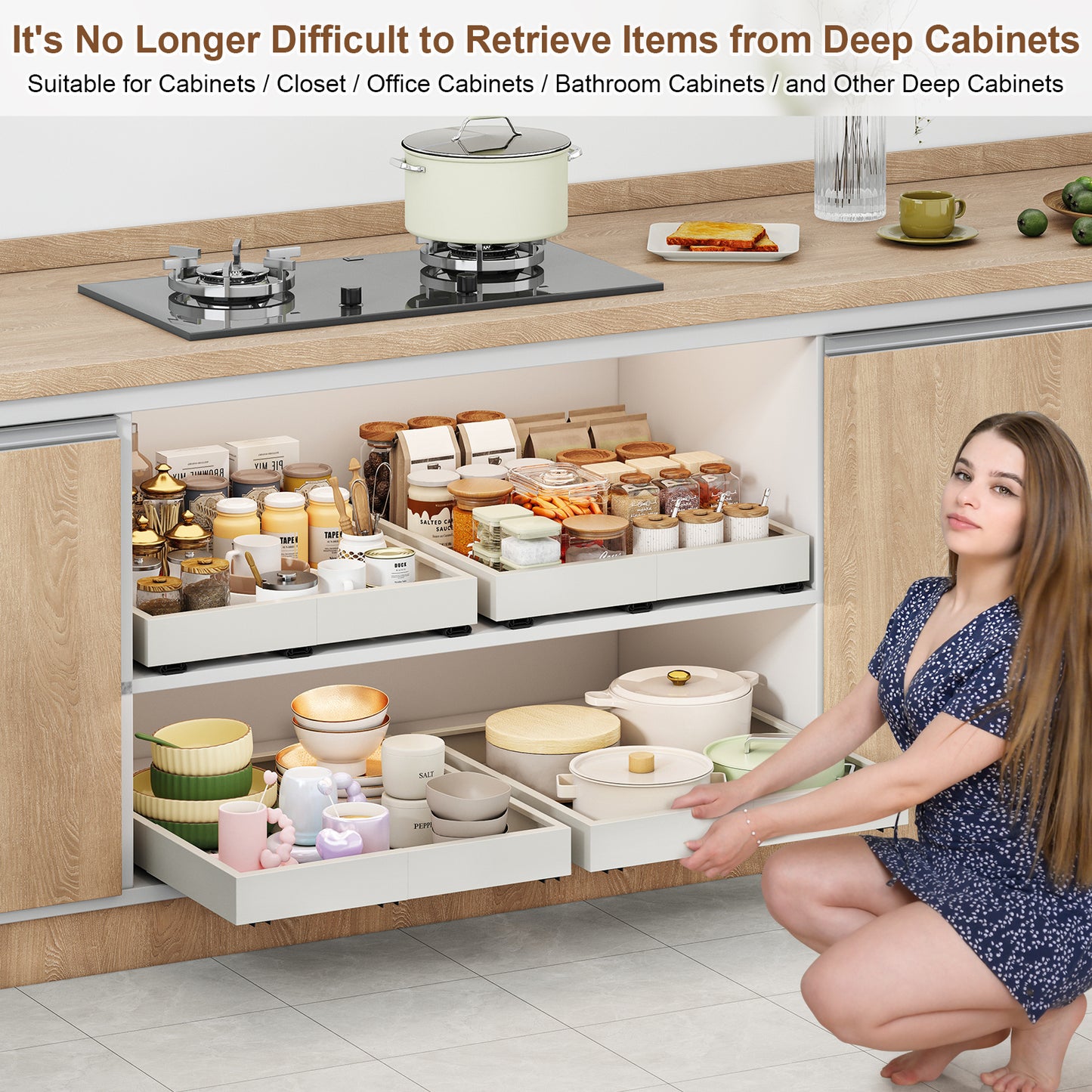 Pull out Cabinet Organizer,Width and Depth Expandable with 3 Rails,for Cabinets Without Lip