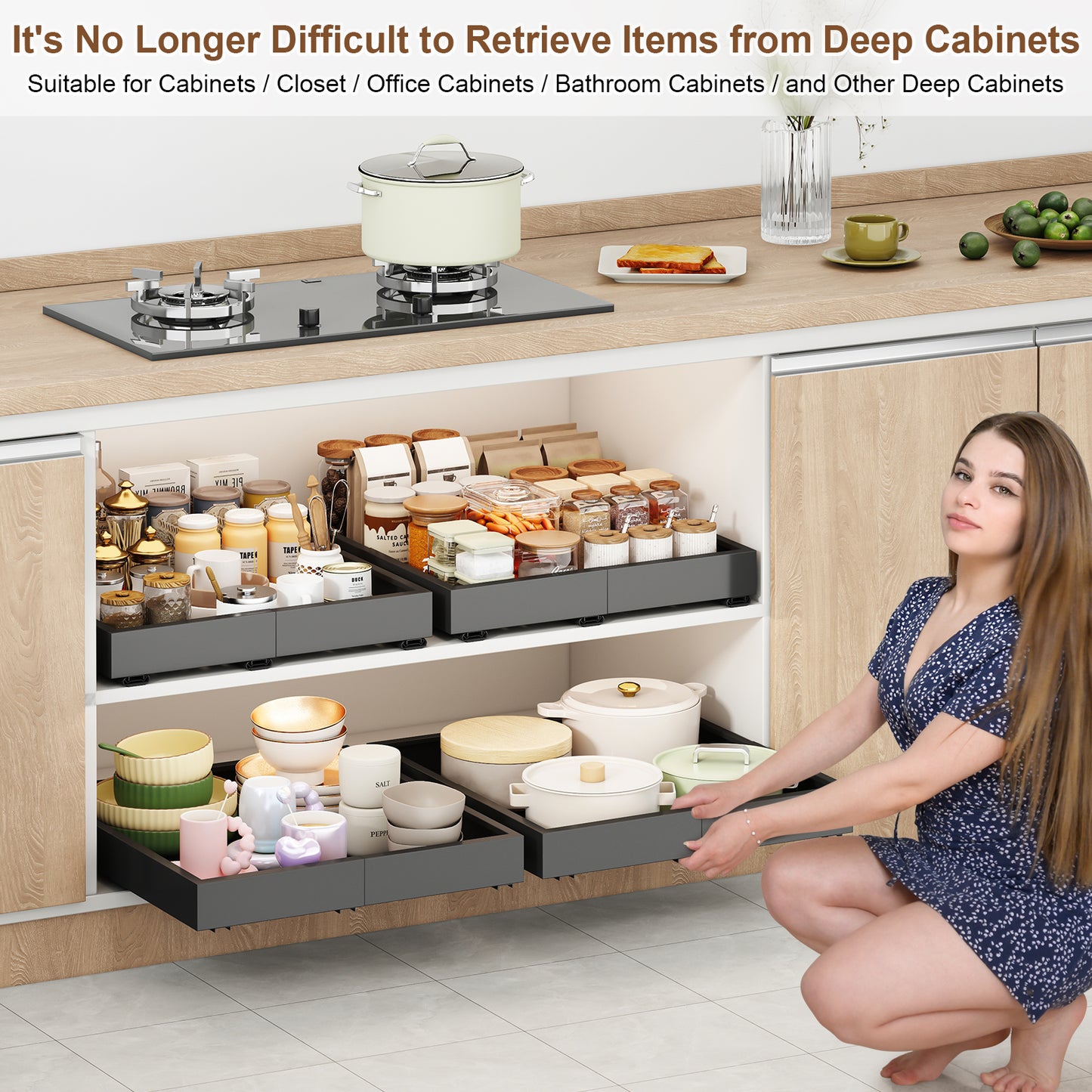 Pull out Cabinet Organizer,Width(12 "-17") and Depth(17"-24") Expandable With 3 Rails