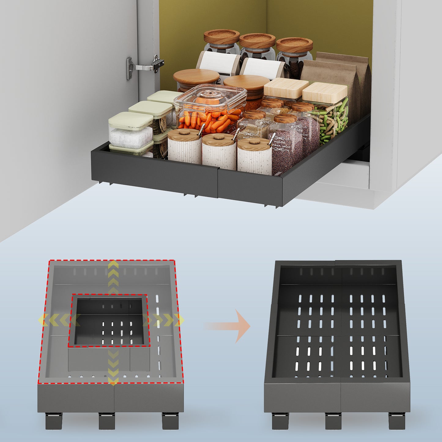 Pull out Cabinet Organizer,Expandable Depth and Width with 3 Rails,for Both Lip and Lip-Free Cabinets