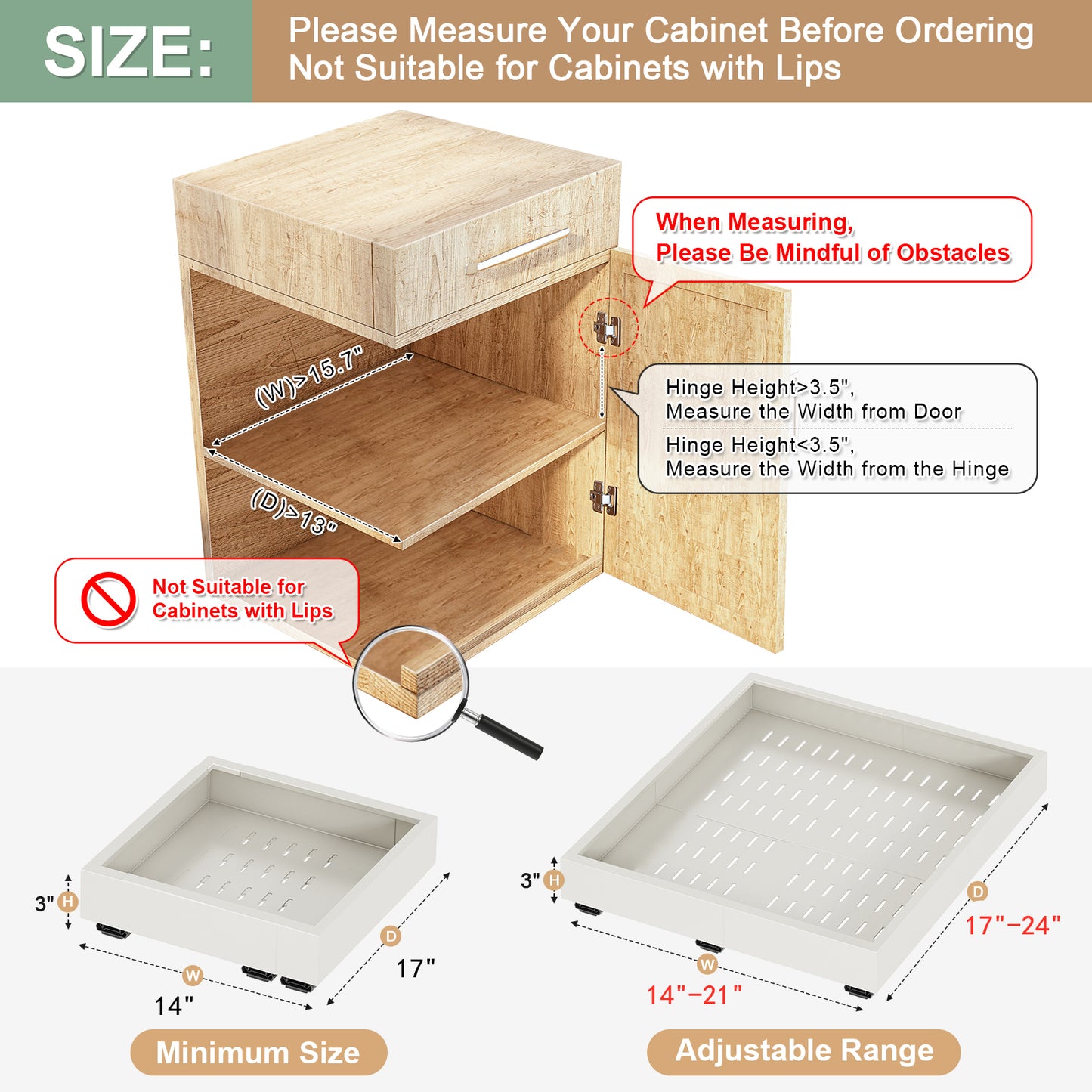 Pull out Cabinet Organizer,Width and Depth Expandable with 3 Rails,for Cabinets Without Lip