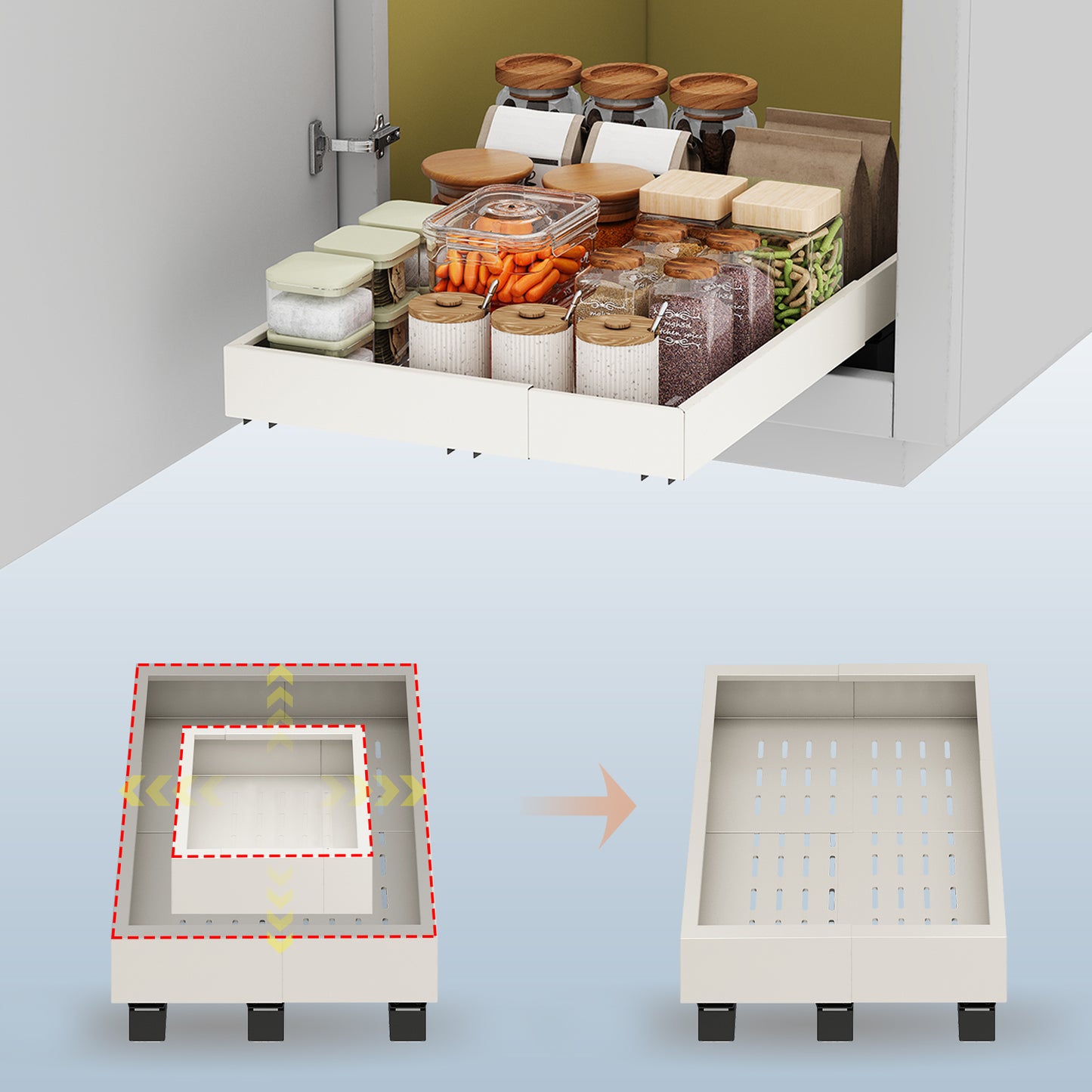 Pull out Cabinet Organizer,Expandable Depth and Width with 3 Rails,for Both Lip and Lip-Free Cabinets