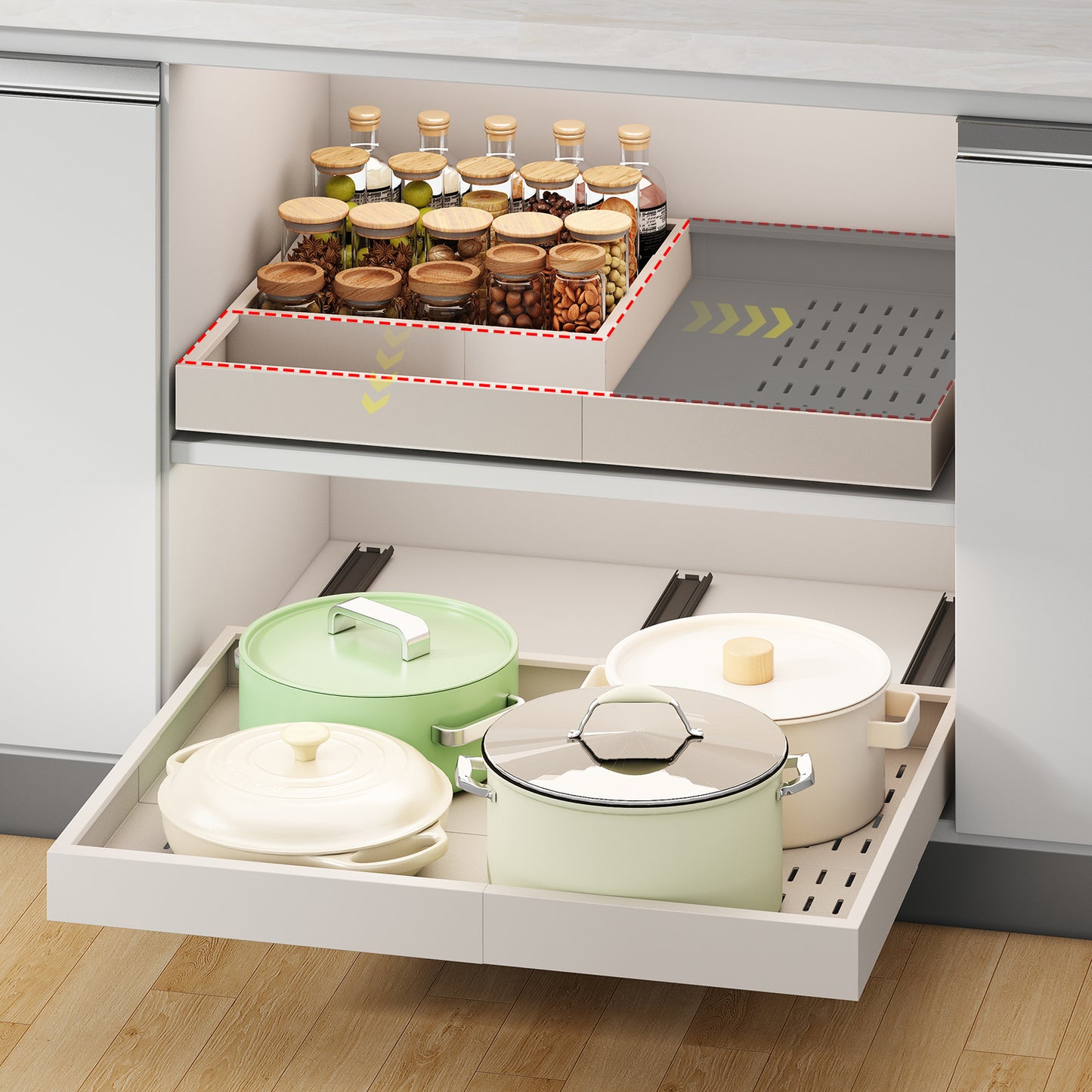 Pull out Cabinet Organizer,Width and Depth Expandable with 3 Rails,for Cabinets Without Lip