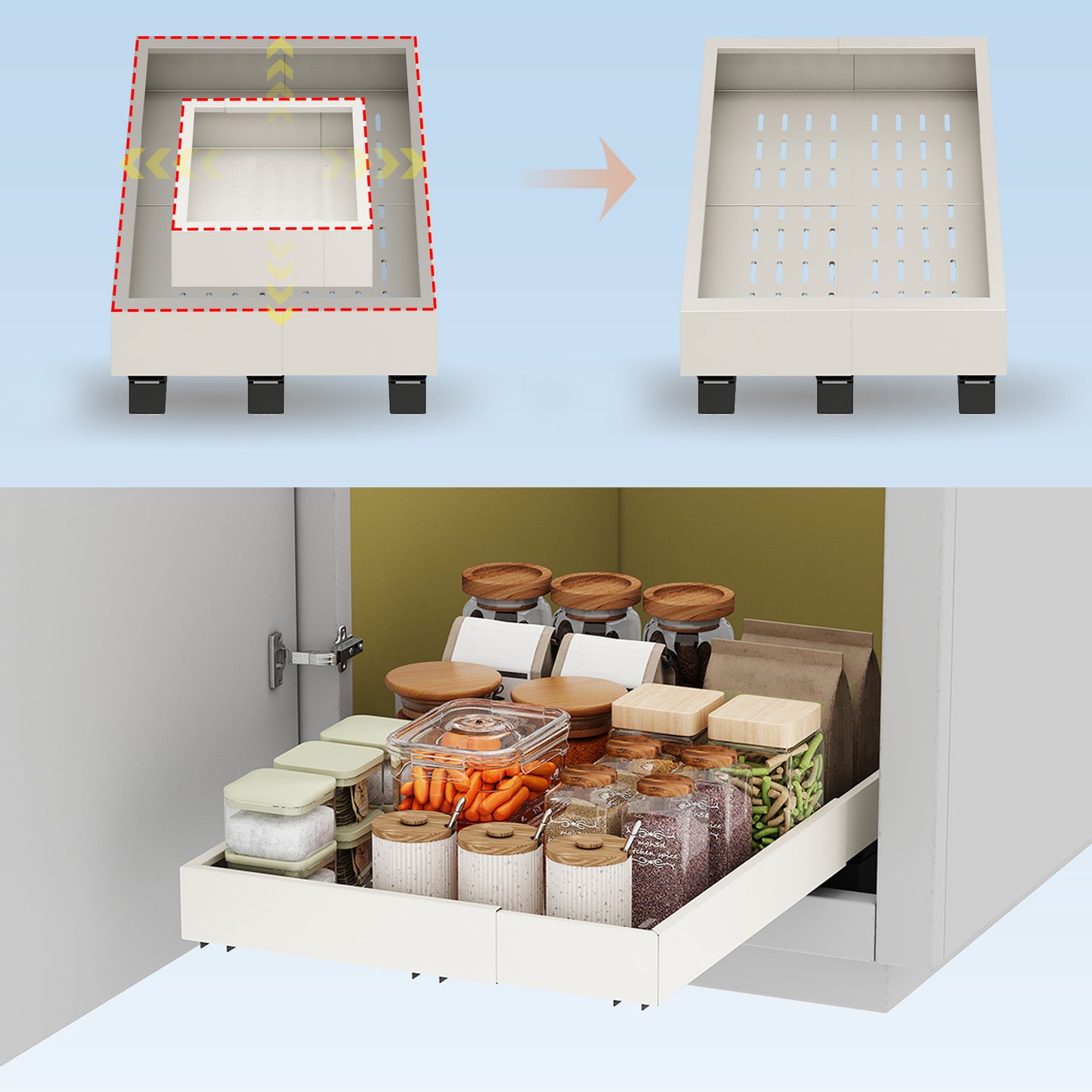 Pull out Cabinet Organizer,Expandable Depth and Width with 3 Rails,for Both Lip and Lip-Free Cabinets