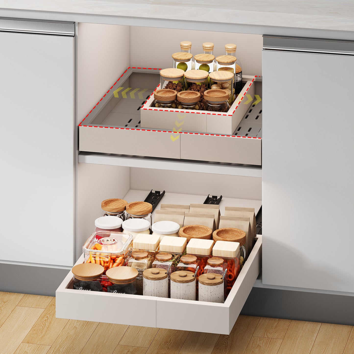 Pull out Cabinet Organizer,Width and Depth Expandable with 3 Rails,for Cabinets Without Lip