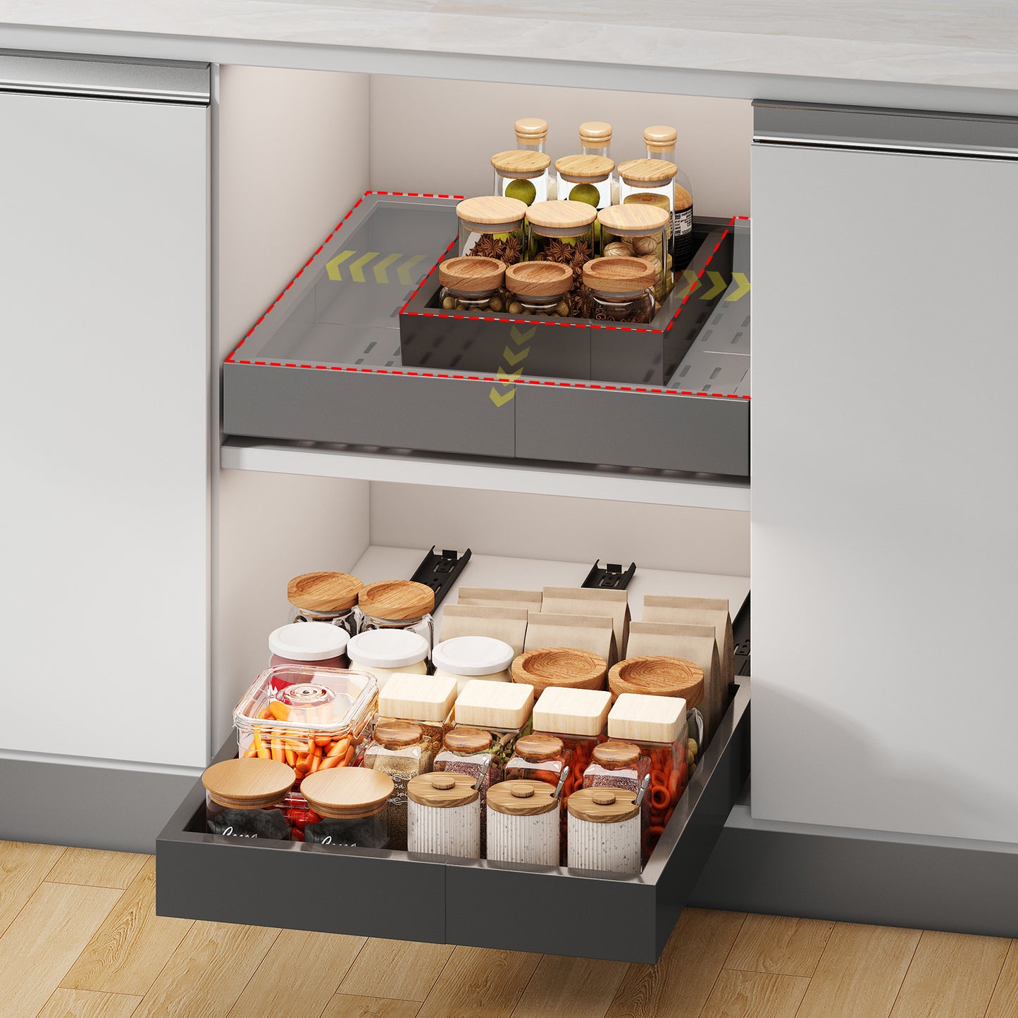 Pull out Cabinet Organizer,Width and Depth Expandable with 3 Rails,for Cabinets Without Lip