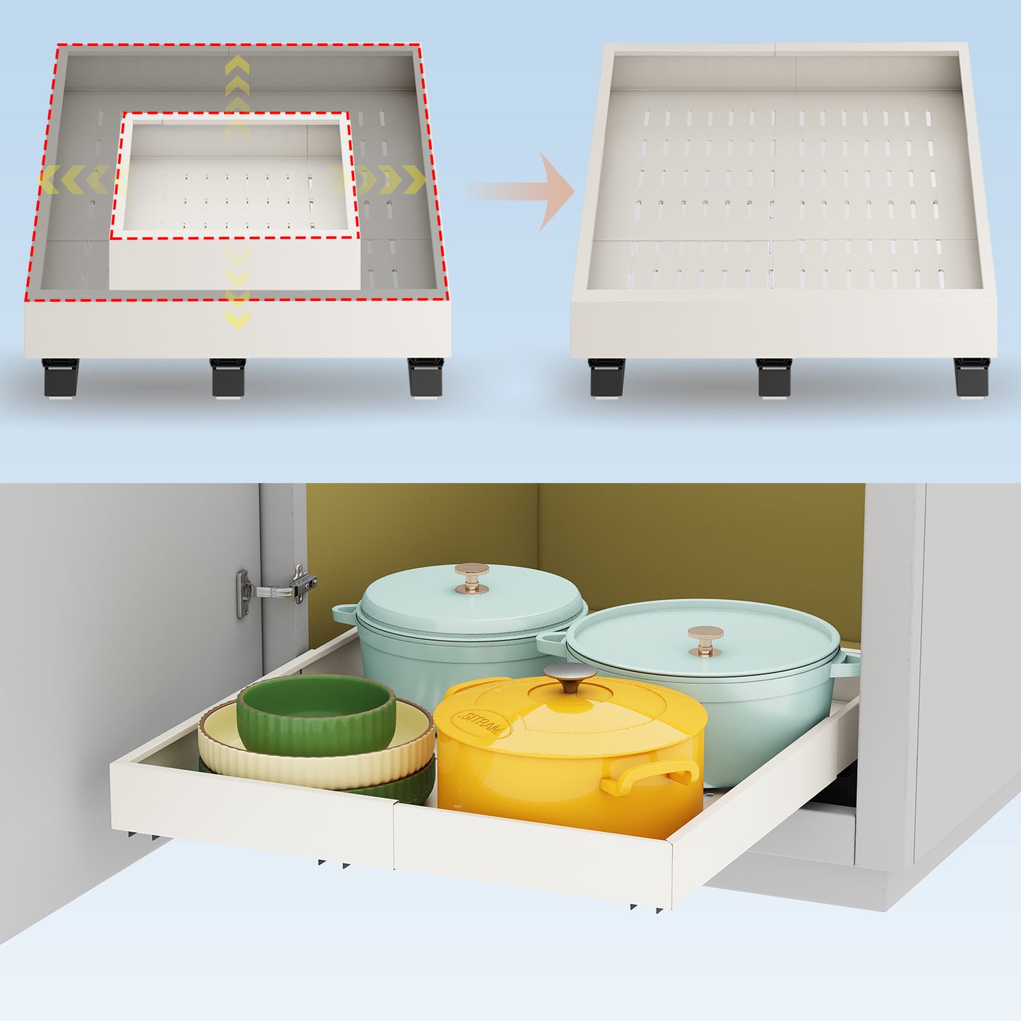 Pull out Cabinet Organizer,Expandable Depth and Width with 3 Rails,for Both Lip and Lip-Free Cabinets