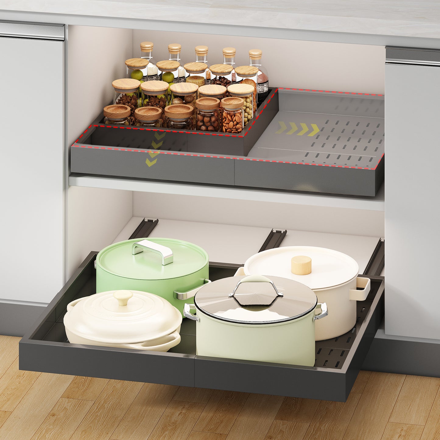 Pull out Cabinet Organizer,Width and Depth Expandable with 3 Rails,for Cabinets Without Lip