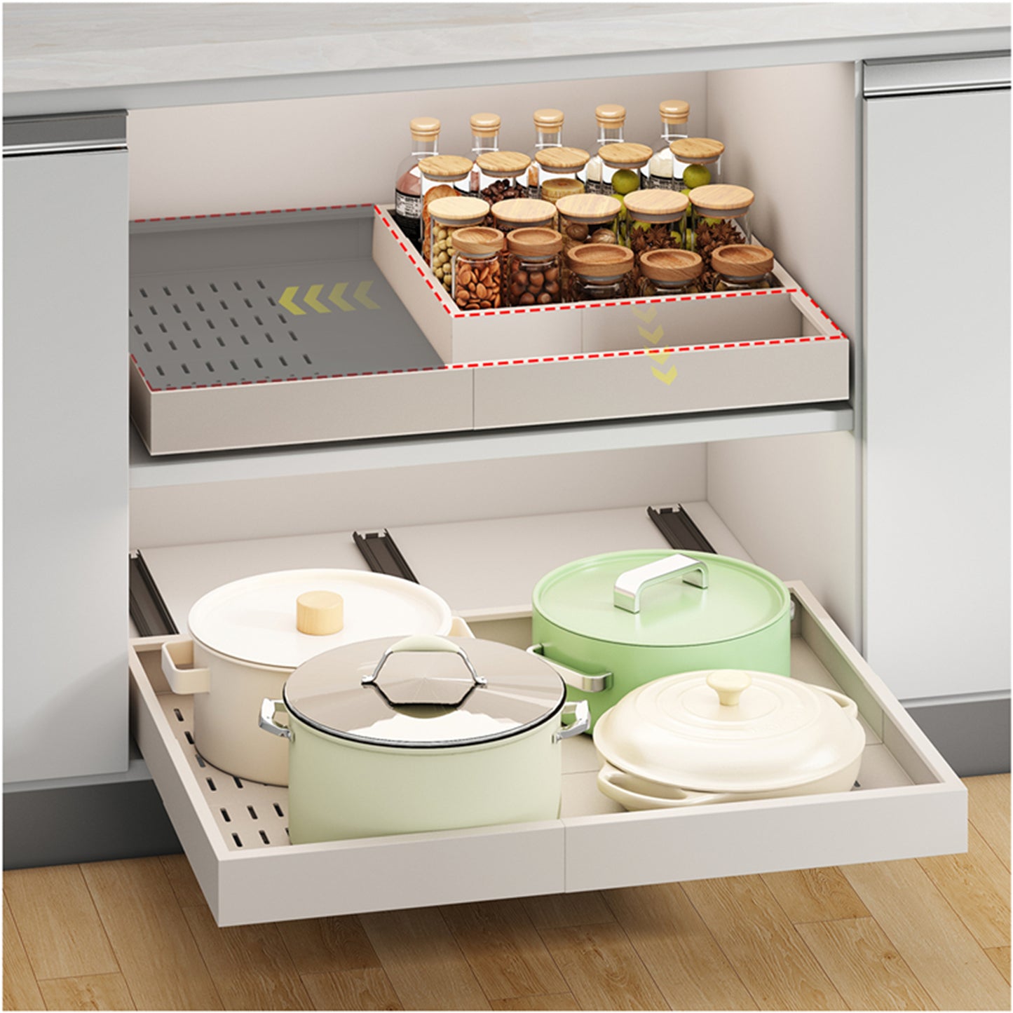 Pull out Cabinet Organizer,Width and Depth Expandable with 3 Rails,for Cabinets Without Lip
