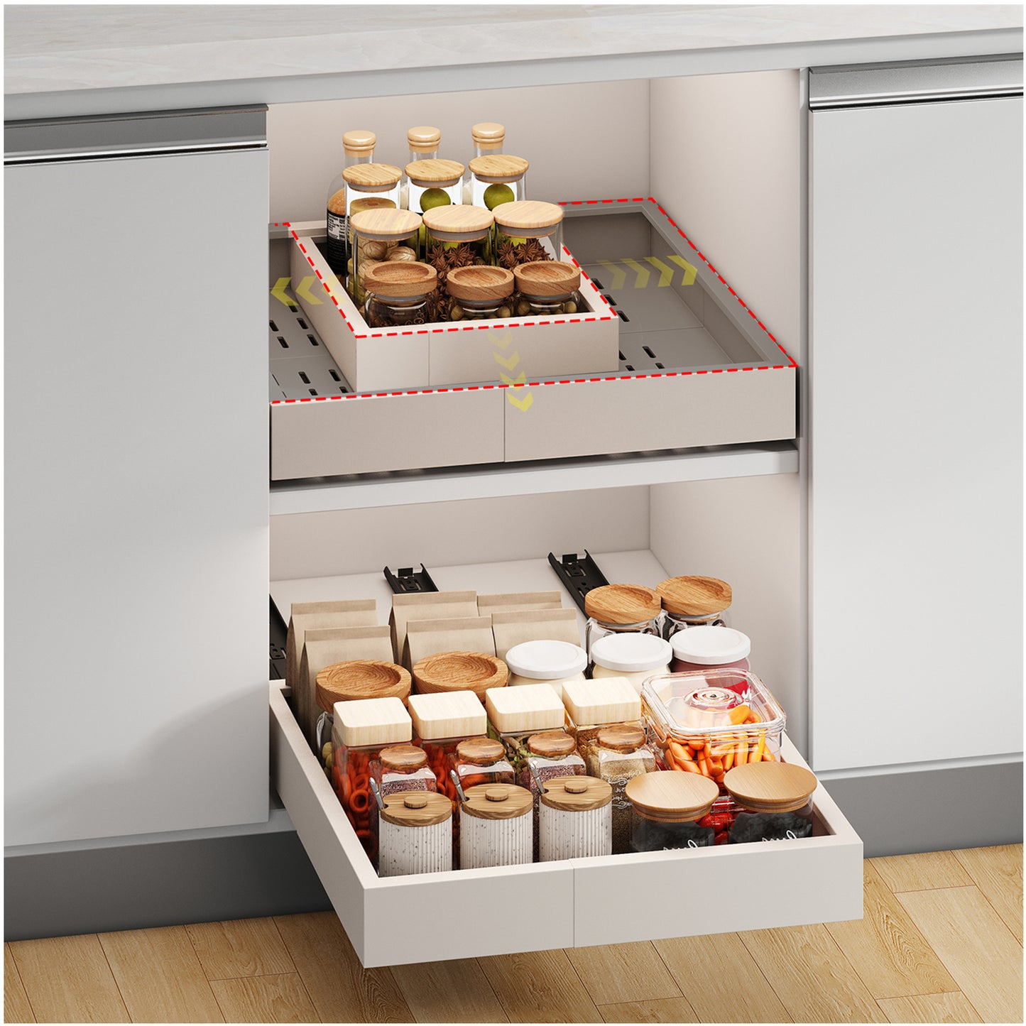 Pull out Cabinet Organizer,Width and Depth Expandable with 3 Rails,for Cabinets Without Lip
