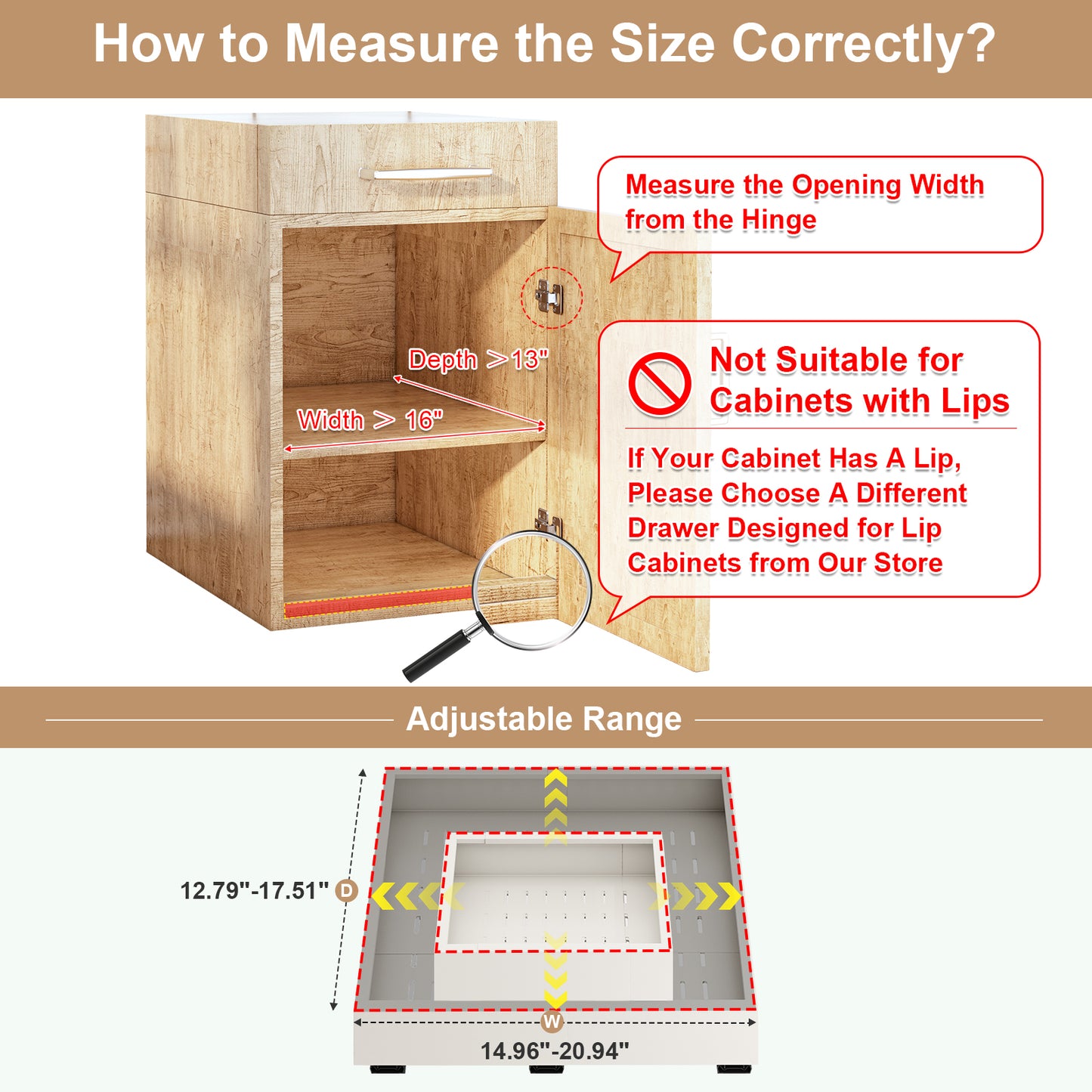 Pull out Cabinet Organizer,Expandable Depth and Width with 3 Rails,for Both Lip and Lip-Free Cabinets