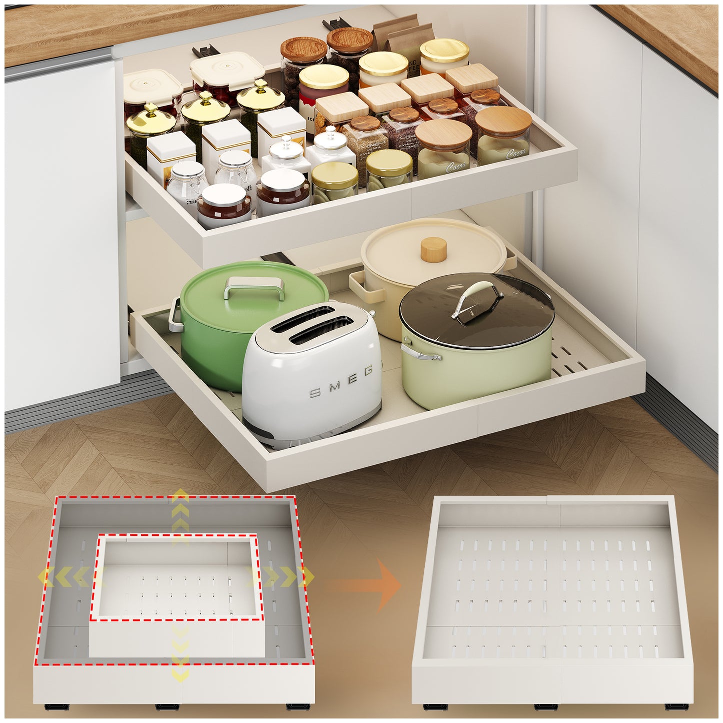 Pull out Cabinet Organizer,Width and Depth Expandable with 3 Rails,for Cabinets Without Lip