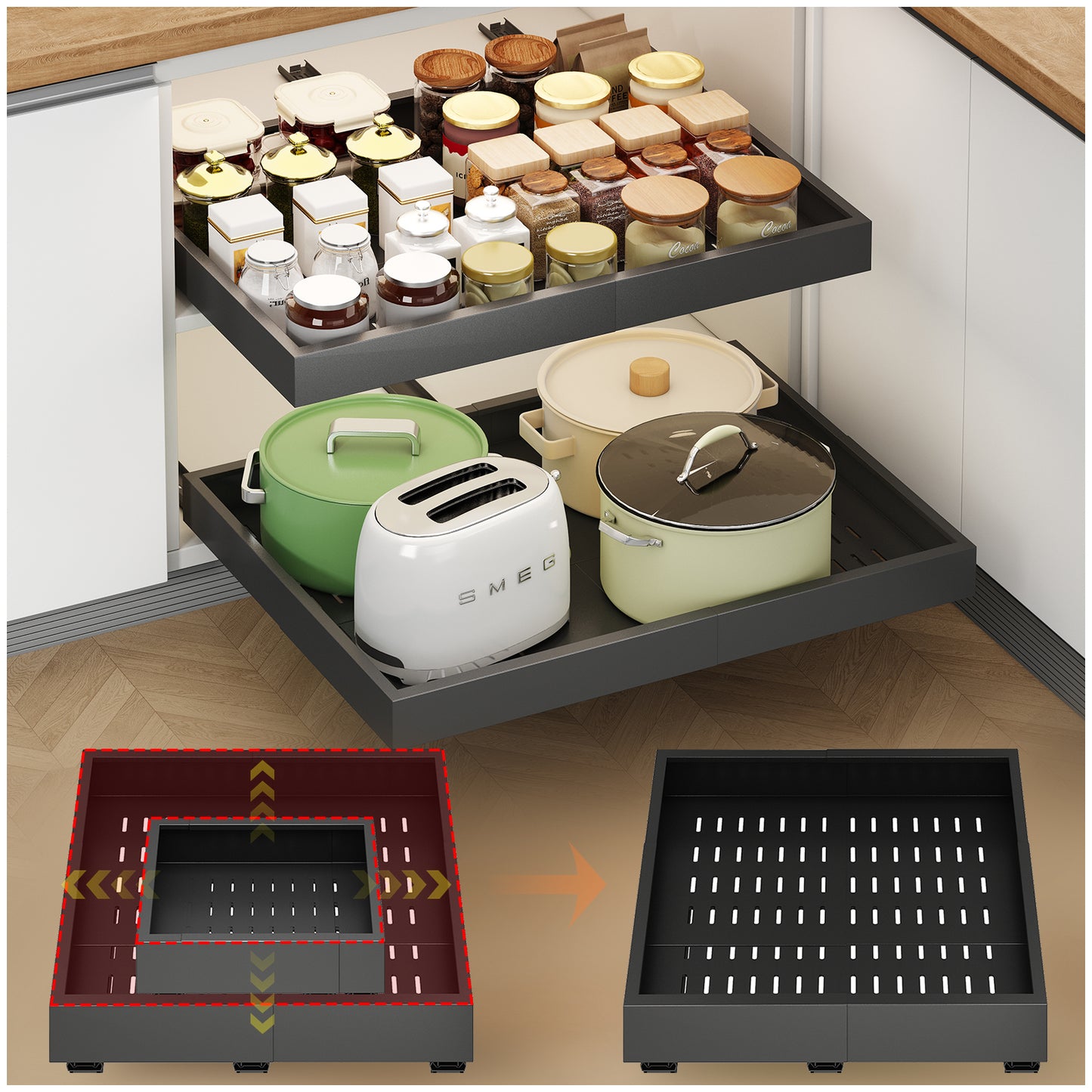 Pull out Cabinet Organizer,Width and Depth Expandable with 3 Rails,for Cabinets Without Lip