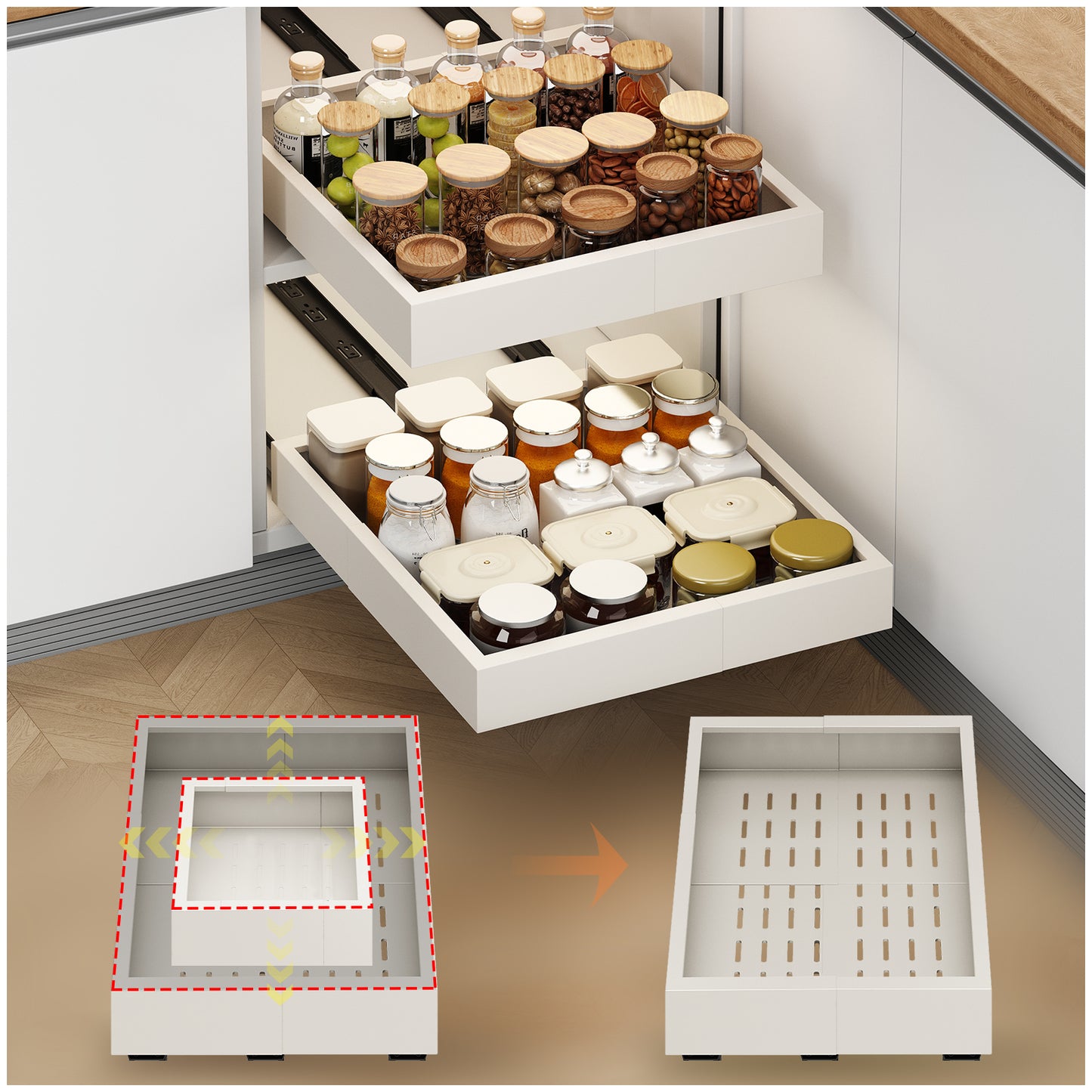 Pull out Cabinet Organizer,Width and Depth Expandable with 3 Rails,for Cabinets Without Lip