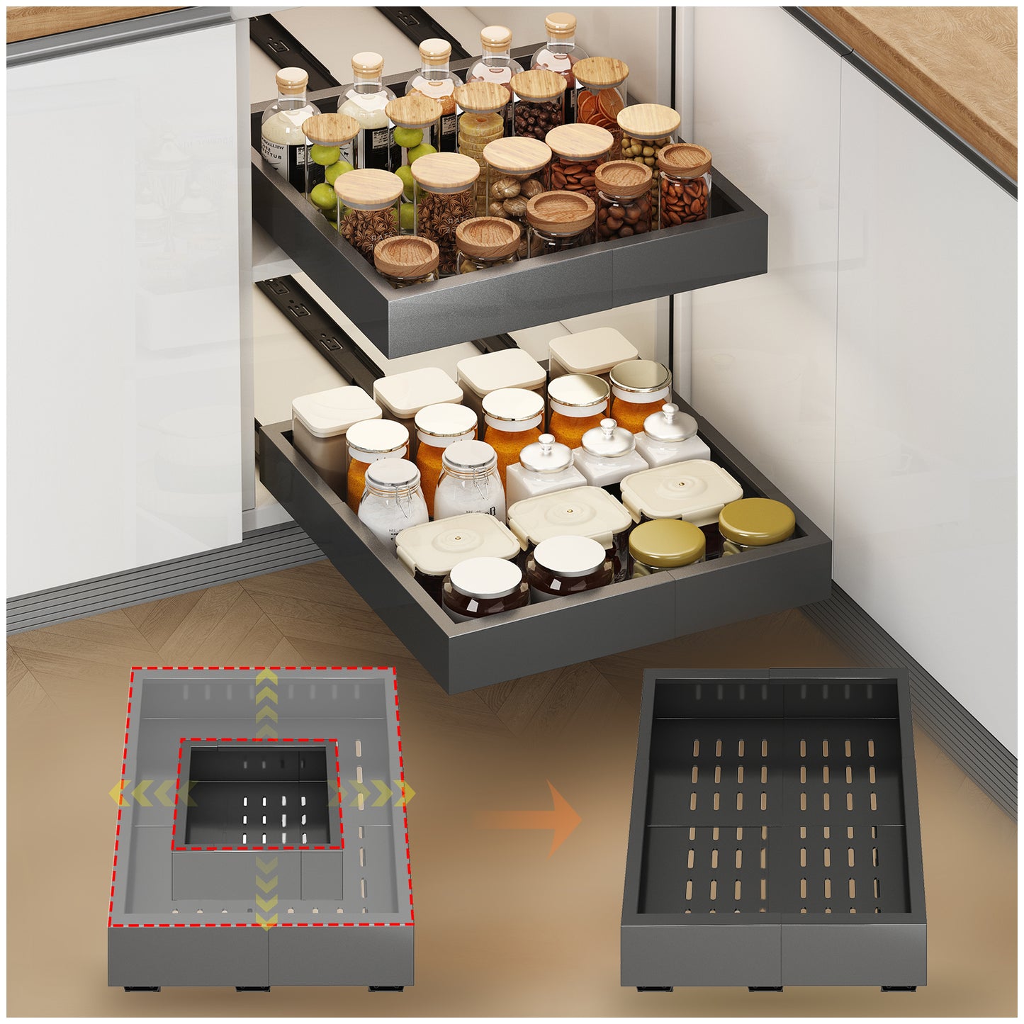Pull out Cabinet Organizer,Width and Depth Expandable with 3 Rails,for Cabinets Without Lip