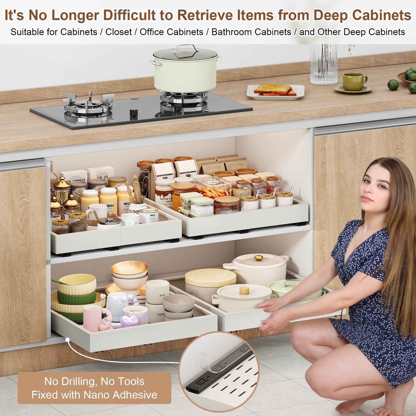 Pull out Cabinet Organizer,Expandable Depth and Width with 3 Rails,for Both Lip and Lip-Free Cabinets