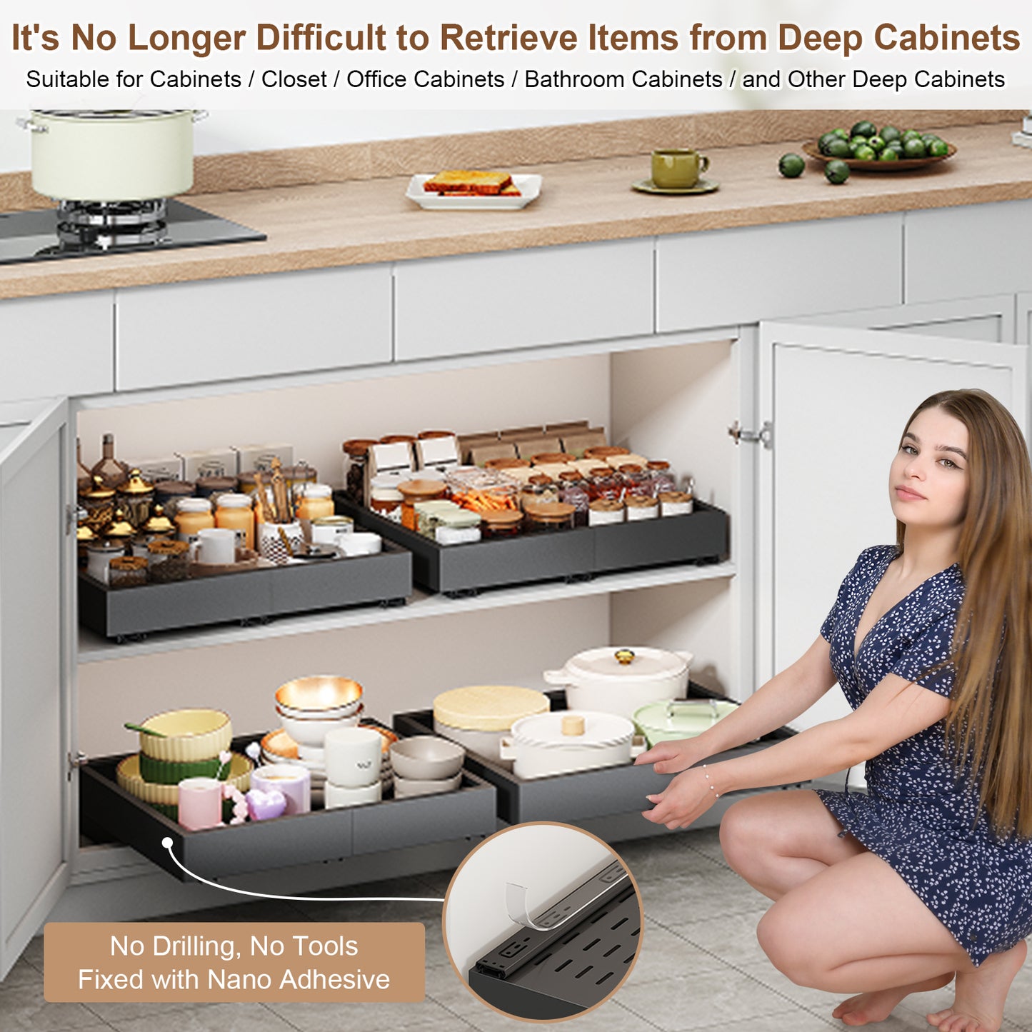 Pull out Cabinet Organizer,Expandable Depth and Width with 3 Rails,for Both Lip and Lip-Free Cabinets
