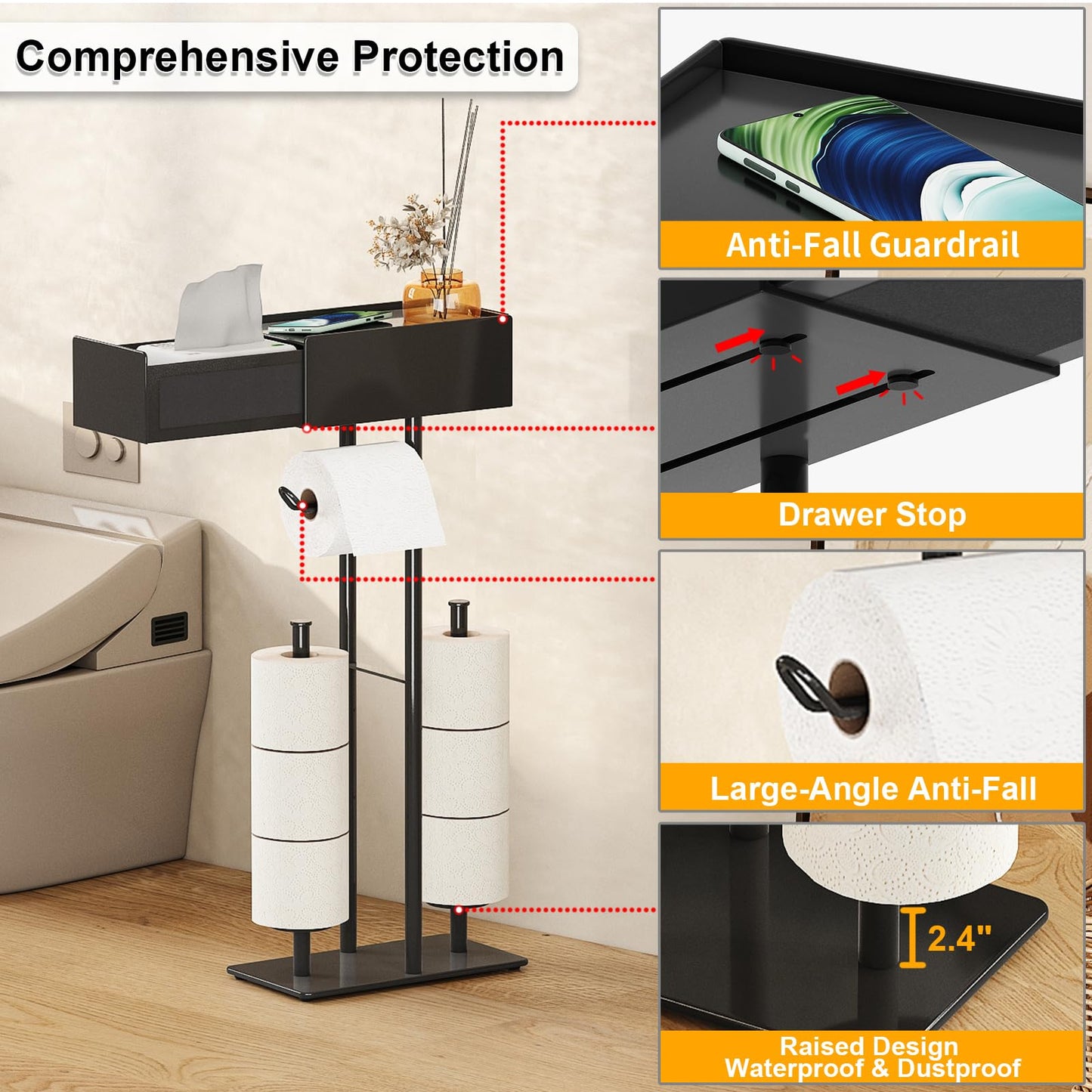 Free Standing Toilet Paper Holder with Shelf,Stand Mega Roll Toilet Paper Holder with Storage