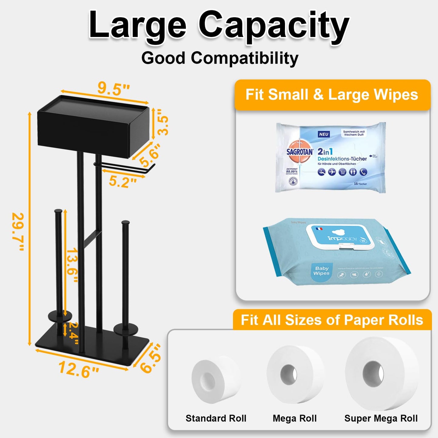 Free Standing Toilet Paper Holder with Shelf,Stand Mega Roll Toilet Paper Holder with Storage