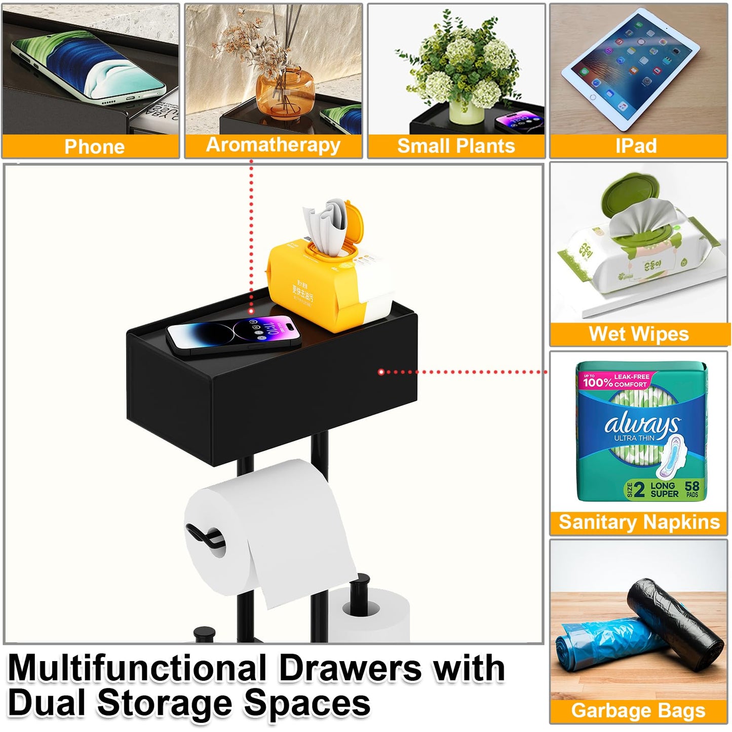 Free Standing Toilet Paper Holder with Shelf,Stand Mega Roll Toilet Paper Holder with Storage