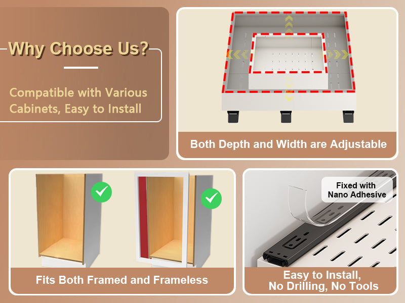 Pull out Cabinet Organizer,Expandable Depth and Width with 3 Rails,for Both Lip and Lip-Free Cabinets