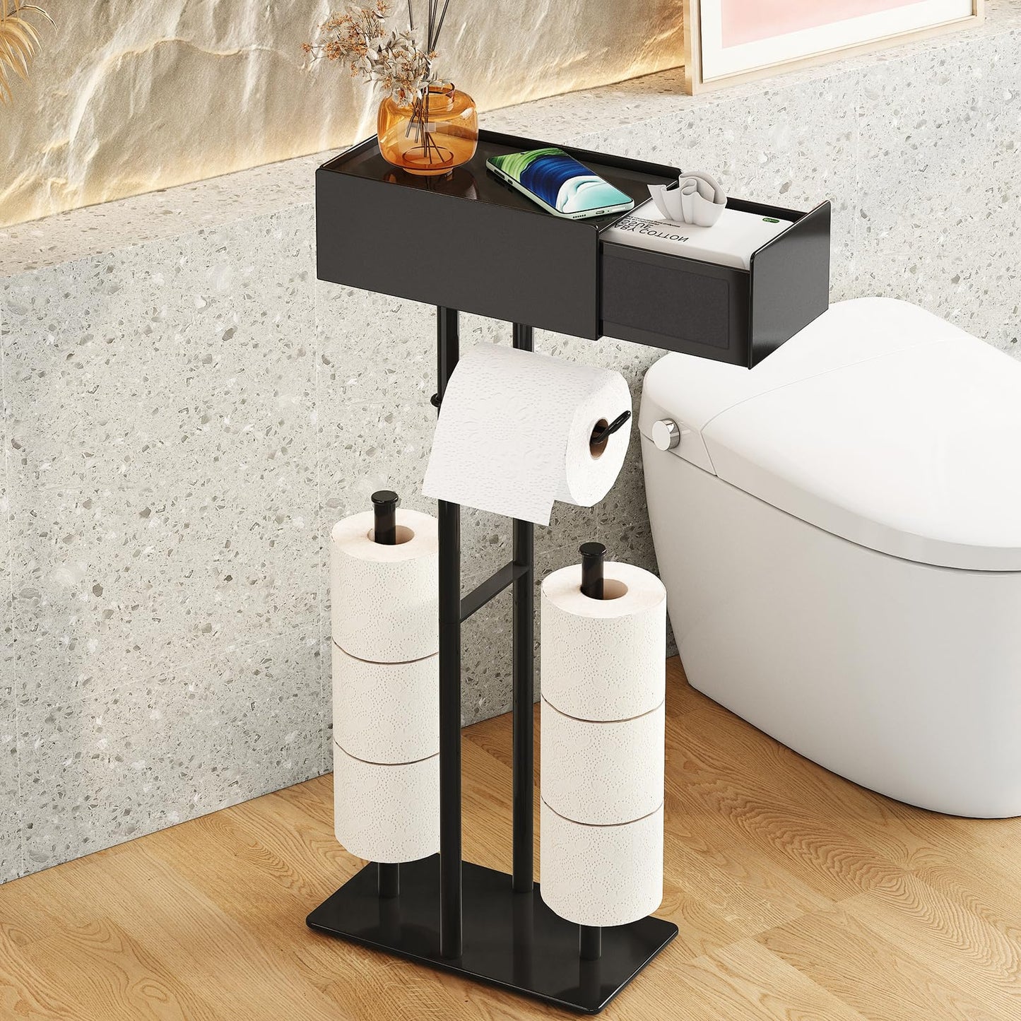 Free Standing Toilet Paper Holder with Shelf,Stand Mega Roll Toilet Paper Holder with Storage