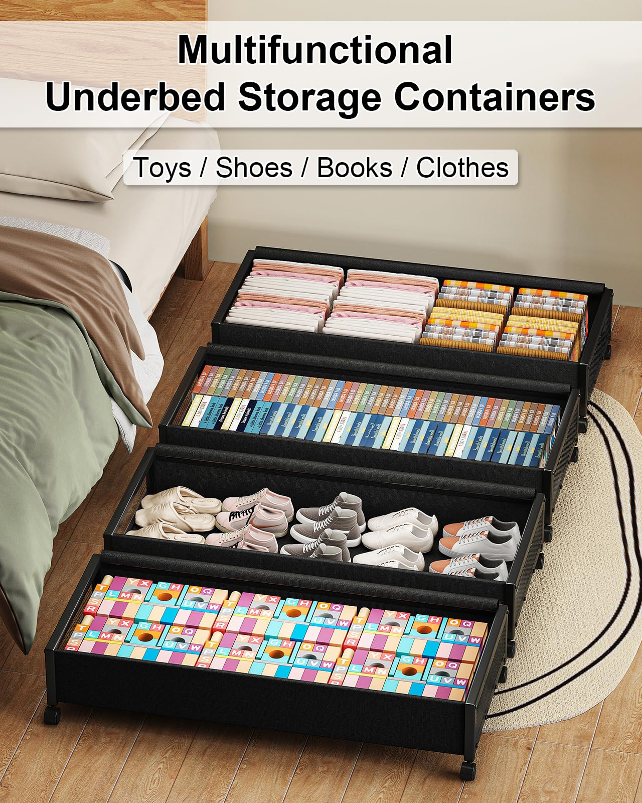 2pcs Underbed Storage Boxes, 37"x17"x7", 48L, Rolling Shoe Storage