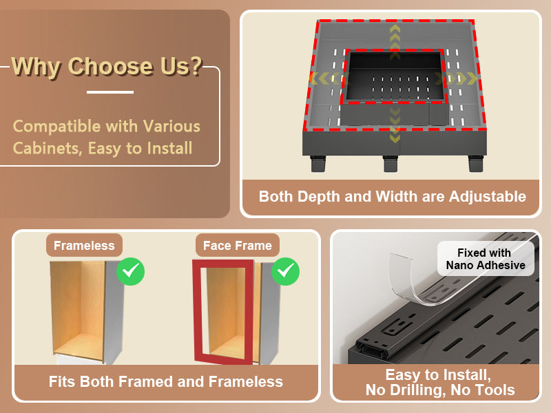 Pull out Cabinet Organizer,Expandable Depth and Width with 3 Rails,for Both Lip and Lip-Free Cabinets