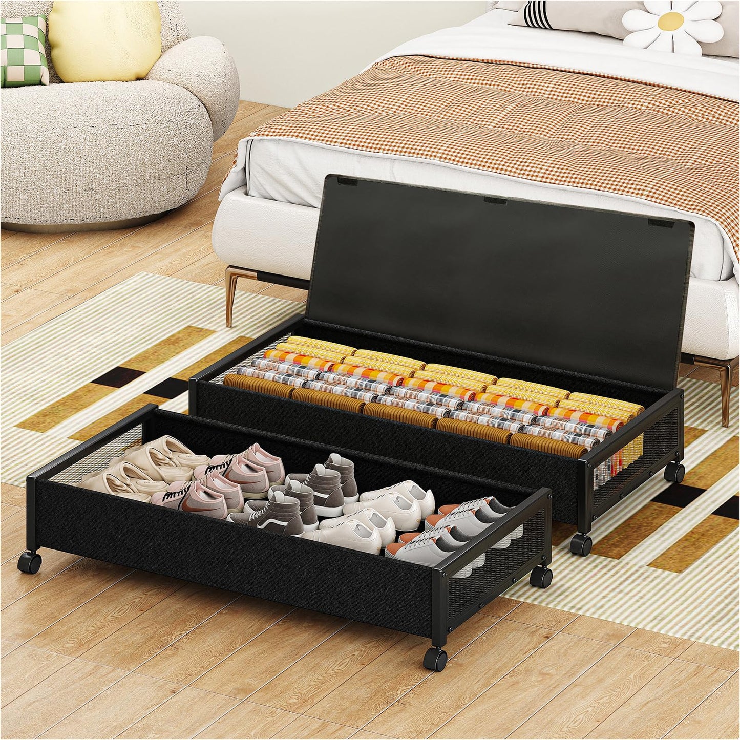 2pcs Underbed Storage Boxes, 37"x17"x7", 48L, Rolling Shoe Storage